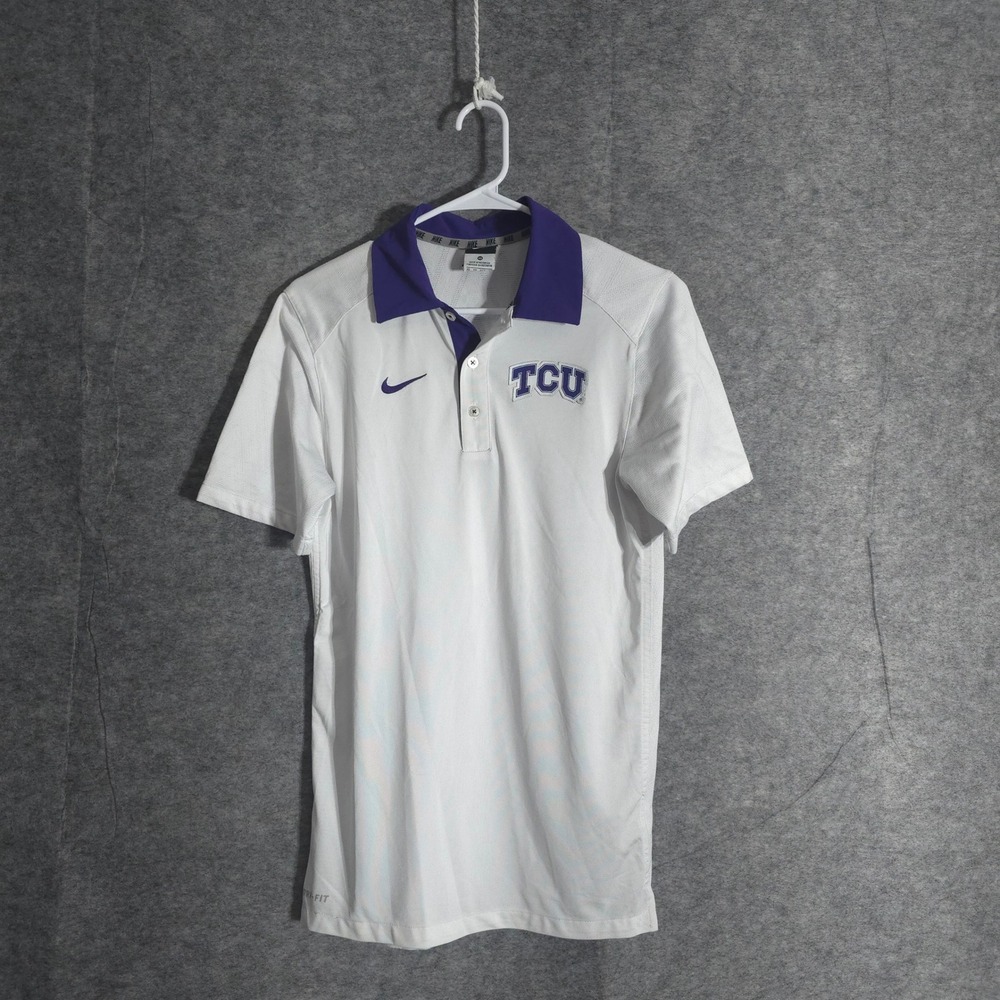 Nike‎ TCU Horned Frogs Dri-FIT Polo Shirt Mens XS White Purple NCAA Team